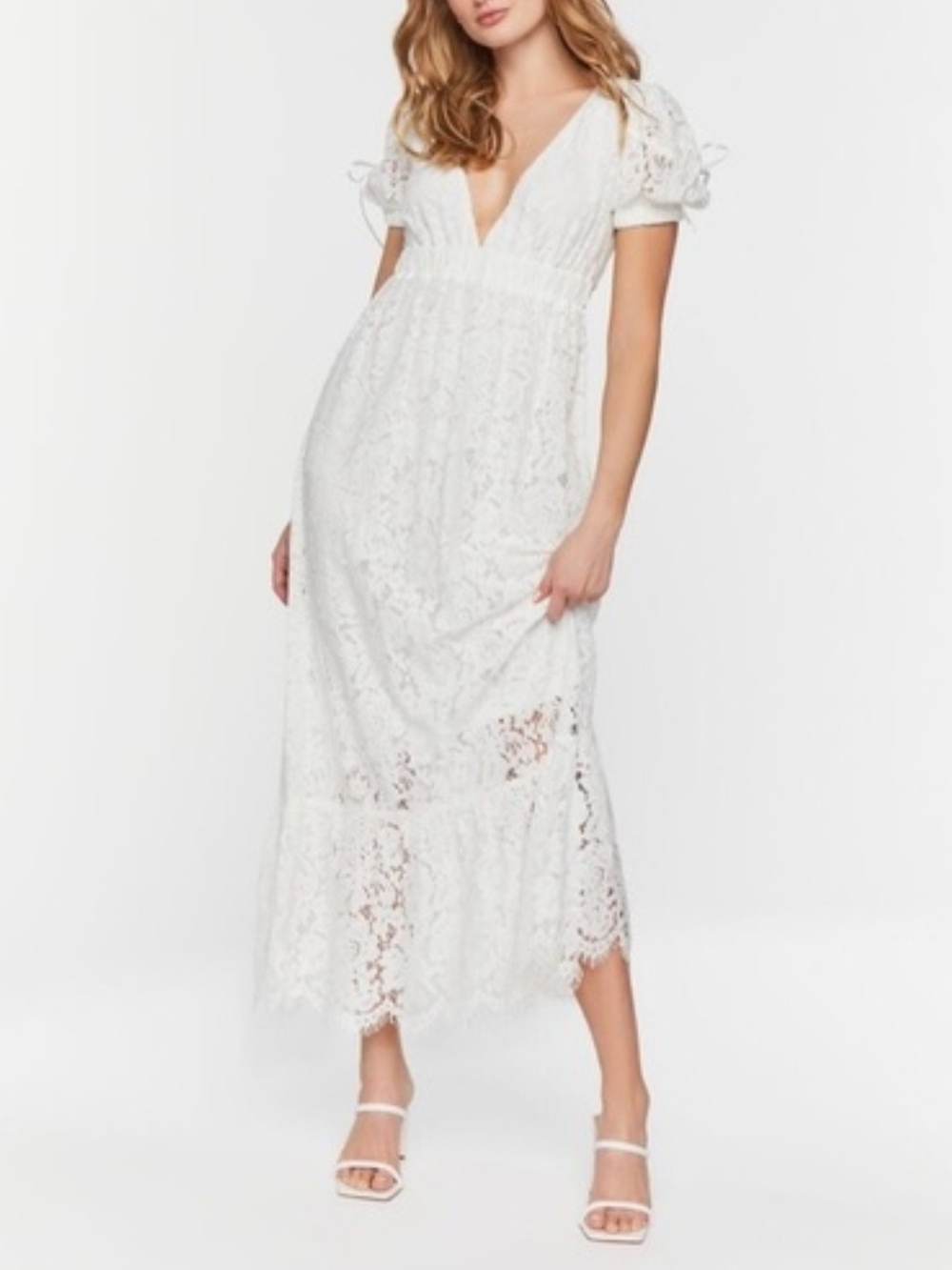 Forever 21 White Lace V-Neck Maxi Dress with Puff Sleeves Size M